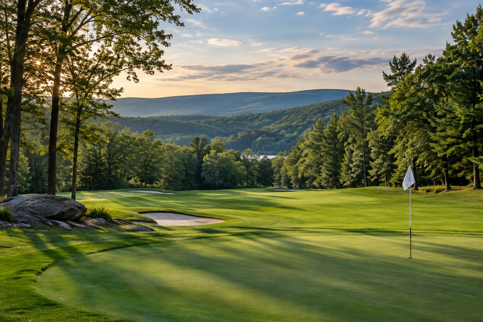 Golf course green with mountain views in the Pocono Mountains